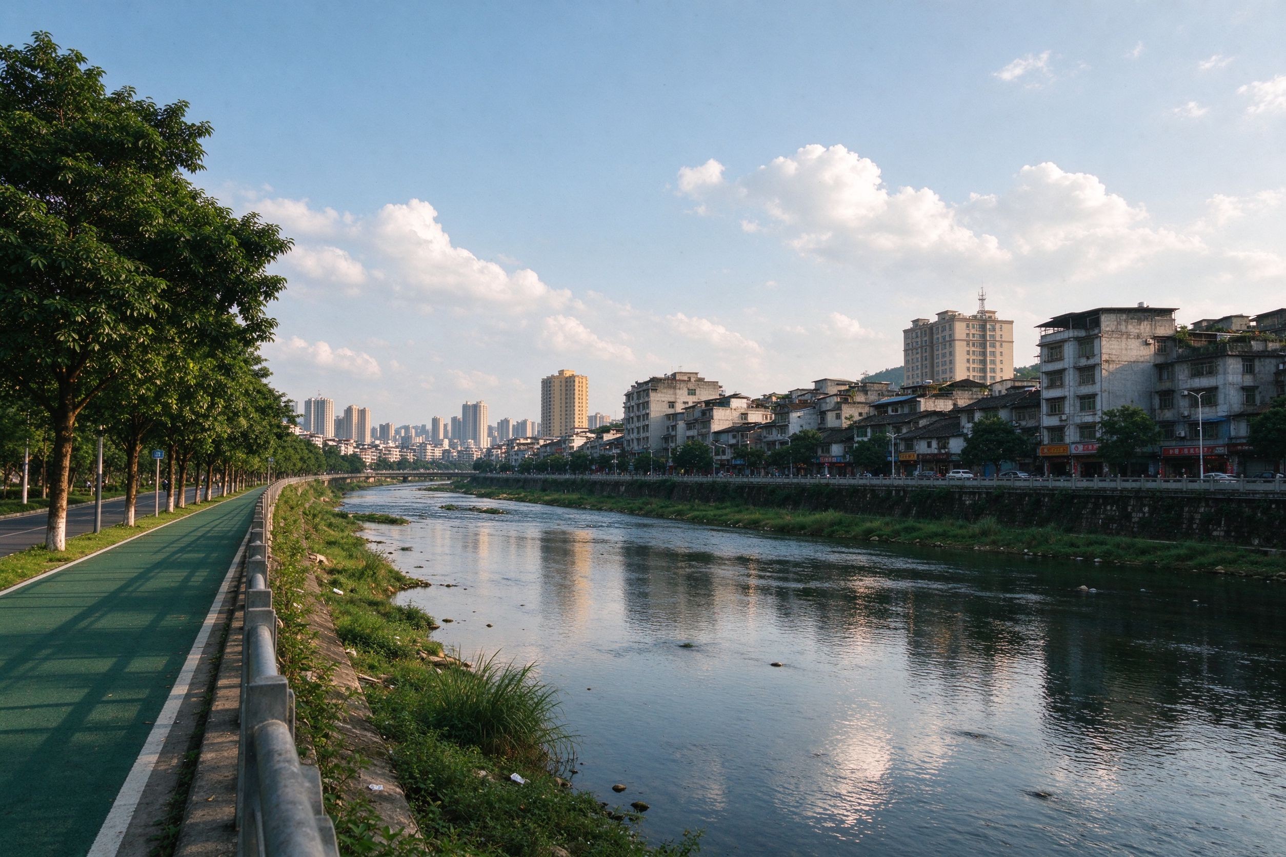 泌阳县生态河道旁的县城